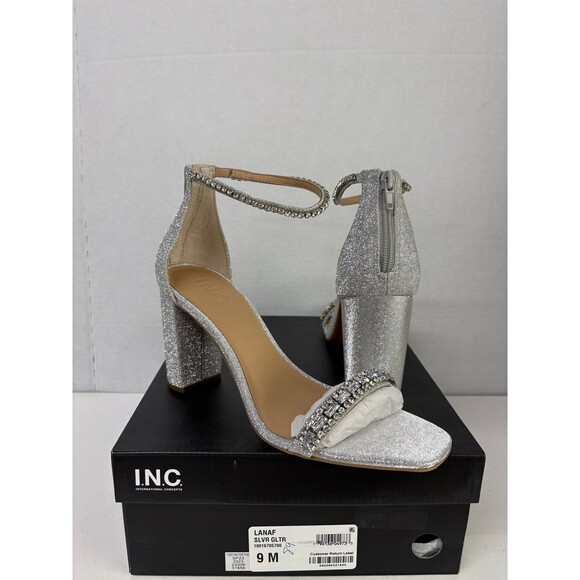 INC International Concepts Women's Silver Glitter Lana Sandal Block Heels Sz 9M - Picture 1 of 6